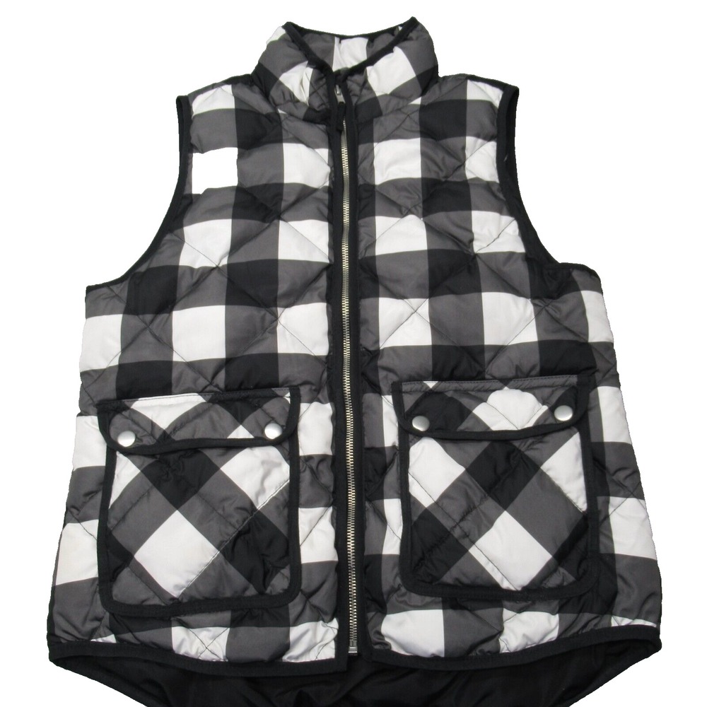 Woolrich Down Vest Women Small Black White Plaid Insulated Quilted Full Zip